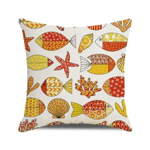 Watercolor ocean shark cartoon square cushion cover with orange marine pattern print