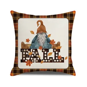 Fall gnome decorative pillowcase with orange plaid border and autumn maple leaf design