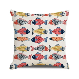 Close-up detail of a cotton linen pillowcase featuring a Nordic fish pattern design