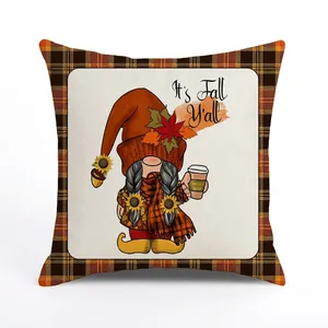 Close-up of Fall gnome cushion cover with pumpkin spice cup and black orange buffalo plaid