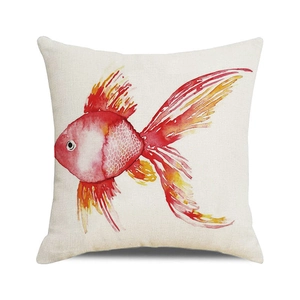Close-up of linen pillowcase with artistic red and yellow watercolor goldfish print