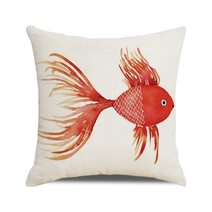 Macro detail of high-quality linen texture on square cushion cover with goldfish art