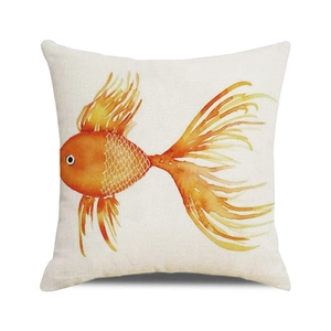 Detail of square pillowcase showing weave texture and watercolor goldfish print