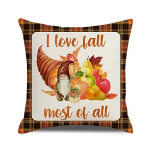 Detail of fall gnome and cornucopia print on cotton linen autumn throw pillow cover