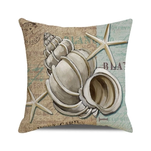 Detail of linen cushion cover with watercolor seashell, starfish and postcard print