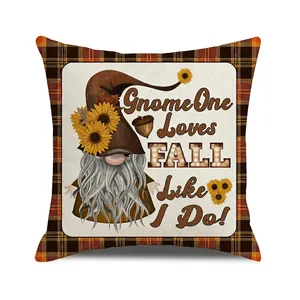 Fall gnome square cushion cover with sunflower accents and orange plaid border
