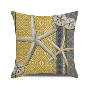 Detailed texture of square cushion cover with watercolor starfish and sea urchin prints