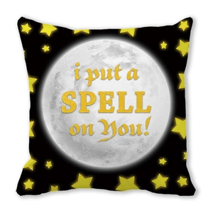 Macro view of Halloween peach skin pillow cover with moon and stars decorative print