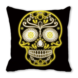 Detailed view of sugar skull print on black peach skin pillowcase for Halloween