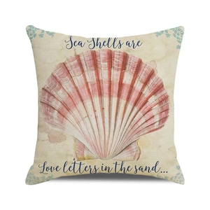 Macro shot of seashell print and poetic text on a beige linen texture square cushion cover
