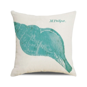Macro detail of natural cotton linen pillow cover with teal conch shell print