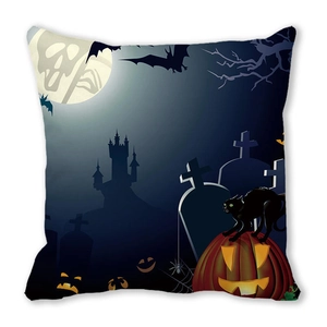 Detail of Halloween pillowcase with black cat, bats, and pumpkin on peach skin fabric