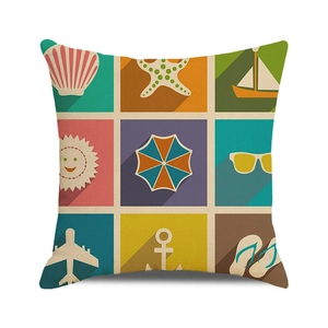 Watercolor nautical square cushion cover with colorful beach icons and linen texture