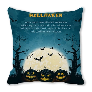 Detail of Halloween pillowcase with pumpkin and bat illustration on soft peach skin fabric