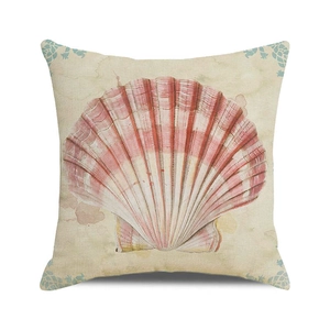 Close-up of watercolor seashell print on square linen throw pillow with coastal patterns