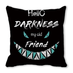 Halloween black pillowcase with Hello Darkness text and glowing cat eyes smile design