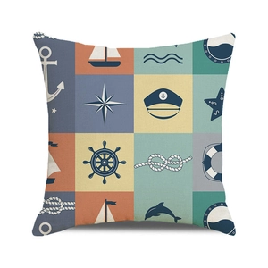 Watercolor nautical cushion cover with anchors and sailboat patterns on linen fabric