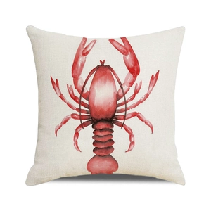 Square linen throw pillow cover featuring a detailed red lobster watercolor print on beige