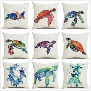 Set of 9 watercolor sea turtle cushion covers made of cream linen for coastal home decor