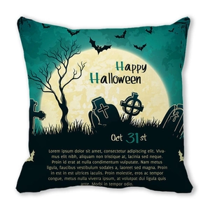 Detail of Halloween pillow case with moon, bats and graveyard print on soft fabric