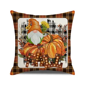 Fall themed square pillow cover with gnome pumpkins and sunflowers with orange plaid edge