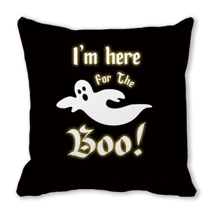 Detail of Halloween ghost pillow case with I'm here for the Boo text on black fabric