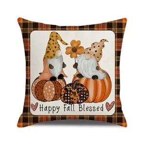Happy Fall Blessed autumn gnome pumpkin cushion cover with yellow black plaid border