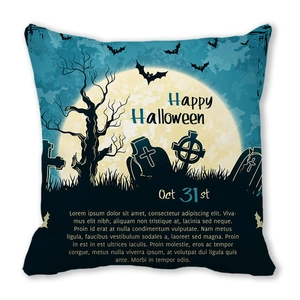 Detail of Halloween throw pillow with spooky illustration of dead trees and full moon