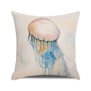 Detailed view of square cotton linen pillowcase with watercolor jellyfish print on beige