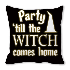 Detail view of Halloween pillow cover featuring Party till the Witch comes home text