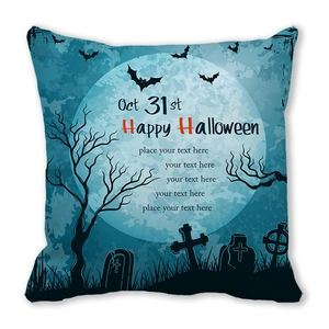 Detail of Happy Halloween pillow case with blue moon, bats, and cemetery mockup