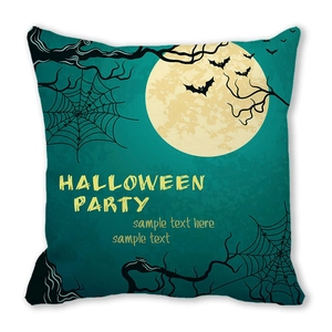 Detail of Halloween pillow case with moon, bat and spider web on teal peach skin fabric