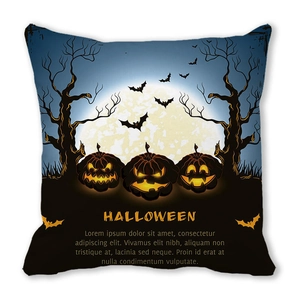 Close-up of Halloween peach skin pillow cover with pumpkins and bats in moonlit night