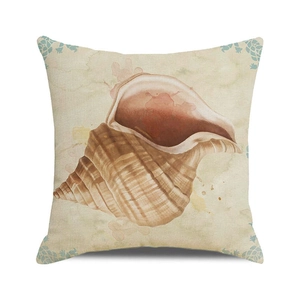 Square linen cushion cover with watercolor conch print for coastal home decoration