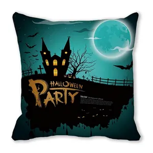 Detail of Halloween pillow case with haunted house and bat print on peach skin fabric