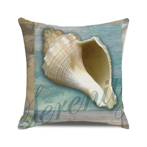 Square watercolor seashell pillow cover with Serenity text on a white background