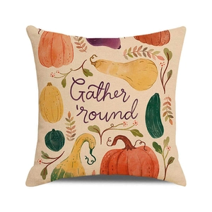Detail of fall harvest cushion cover with pumpkins and Gather round script print