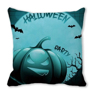 Detail of Halloween cushion cover with angry pumpkin design and Halloween Party text
