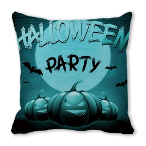 Halloween Party pillow cover with dark blue night sky, pumpkin and bat silhouettes