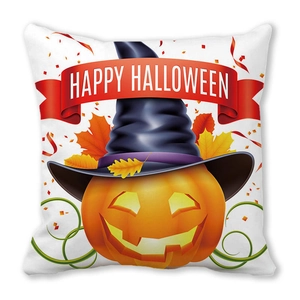 Detail des Halloween Kissenbezugs mit Hexenhut Kürbis und Happy Halloween Banner