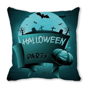 Detailed close-up of Halloween peach skin cushion cover with bats and pumpkins