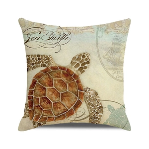 Macro shot of square sea turtle pillow cover with vintage nautical maritime prints