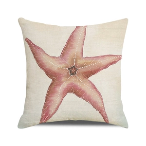 Square beige watercolor starfish pillow cover with realistic marine life print and texture