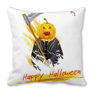 Detail eines Halloween-Kissenbezugs mit Kürbis-Sensenmann, Sense und Schriftzug