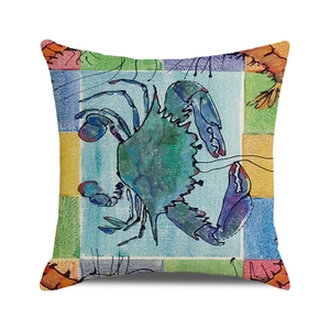 Detailed view of square pillow case with colorful artistic crab print on textured fabric