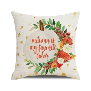 Detailed texture of autumn pumpkin cushion cover with autumn is my favorite color text