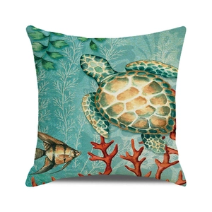 Artistic watercolor sea turtle and coral square cushion cover in nautical theme
