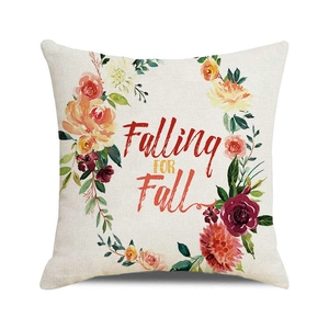 Detail of linen pillowcase with watercolor autumn wreath and Falling FOR Fall text