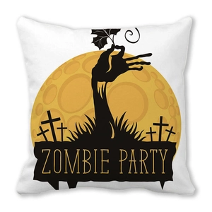 Detail des Zombie Party Aufdrucks auf weißem quadratischem Halloween Kissenbezug