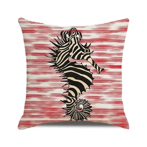 Square cushion cover with creative zebra-patterned seahorse and red wave motifs
